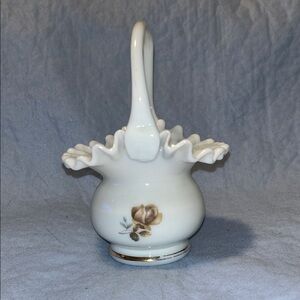 Fenton Hand Painted Rose Ruffle Basket White Glass Faded Gold Trim